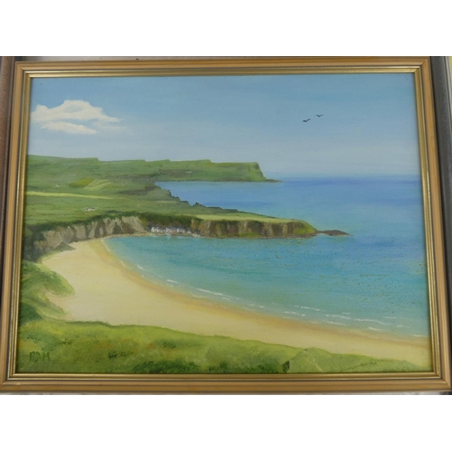 84 - Three floral oil painting and another of Portbradden measuring 13