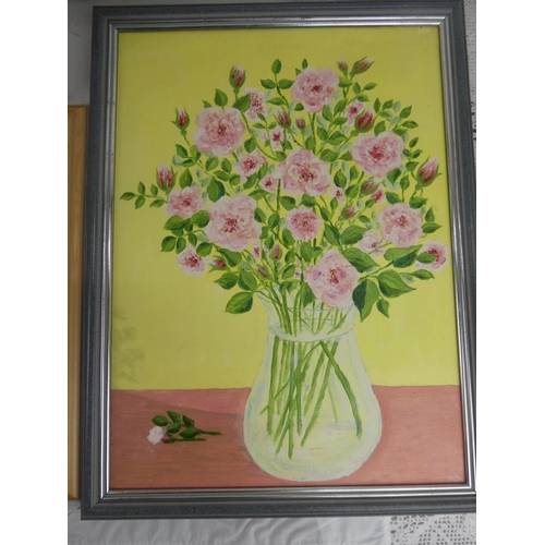 84 - Three floral oil painting and another of Portbradden measuring 13