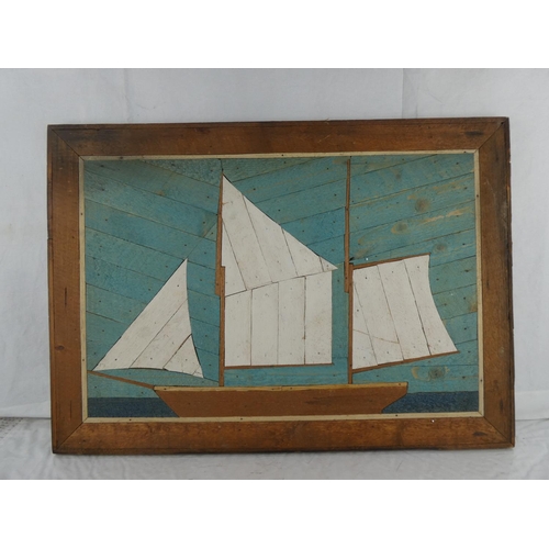 4 - A vintage handmade wooden boat picture, measuring 69cm x 49cm.