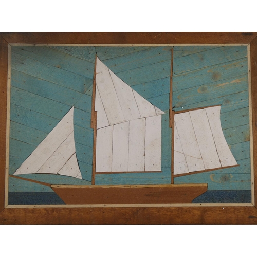 4 - A vintage handmade wooden boat picture, measuring 69cm x 49cm.