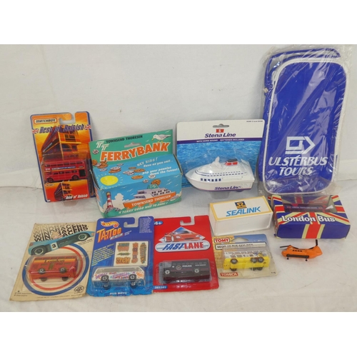 108 - A lot of vintage boxed collectors cars to include a Stena Line boat, Windracers London bus, an Ulste... 