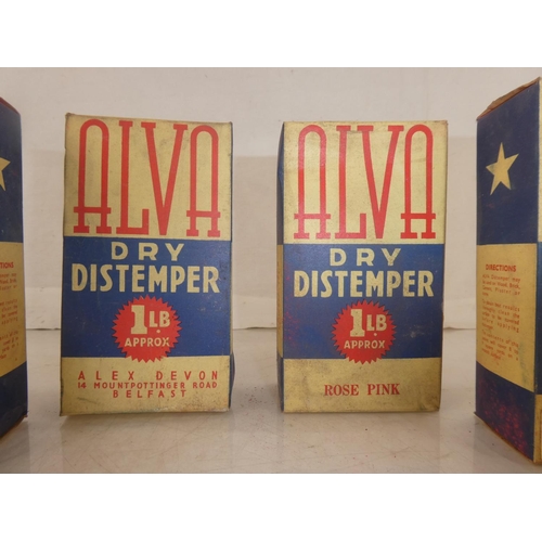 131 - Six vintage boxes 'Alva Dry Distemper' - Alex Devon, 14 Mountpottinger Road, Belfast.