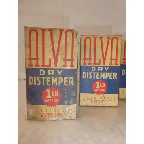 131 - Six vintage boxes 'Alva Dry Distemper' - Alex Devon, 14 Mountpottinger Road, Belfast.