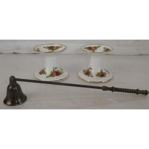 139 - A pair of Royal Albert Old Country Rose candlesticks and a brass candlesnuffer.