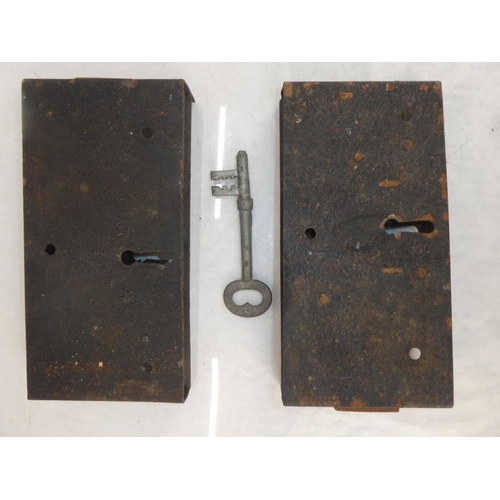 154 - Two large antique door locks and key.