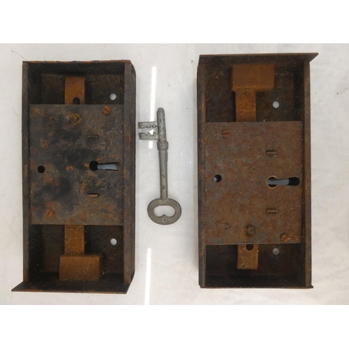 154 - Two large antique door locks and key.