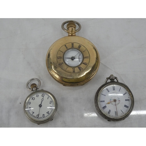 167 - A half hunter gold plated pocket watch and two Sterling Silver ladies pocket watches.