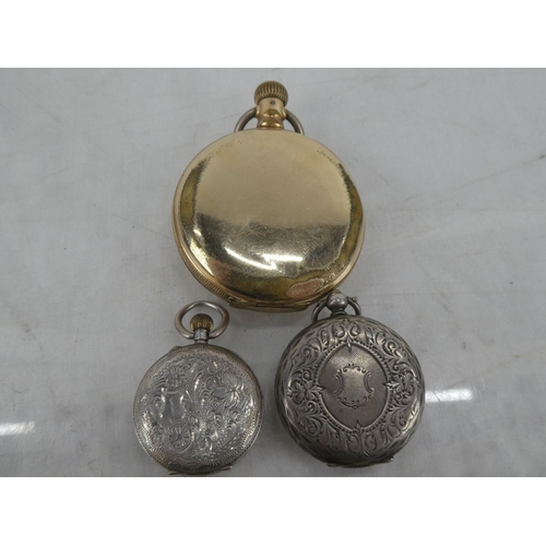 167 - A half hunter gold plated pocket watch and two Sterling Silver ladies pocket watches.