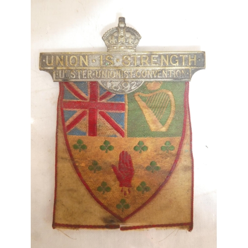 174 - A rare antique pin brooch and silk panel 'Union is Strength - Ulster Unionist Convention 1892'.