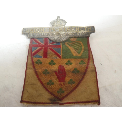 174 - A rare antique pin brooch and silk panel 'Union is Strength - Ulster Unionist Convention 1892'.