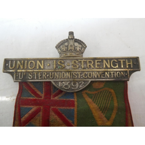 174 - A rare antique pin brooch and silk panel 'Union is Strength - Ulster Unionist Convention 1892'.