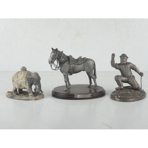 179 - 'J W Marshall' metal figure, measuring 11cm, a 'Sefton' metal figure of a horse, and another of an e... 