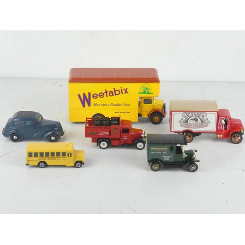 195 - A Corgi Weetabix truck and five other toy vehicles.