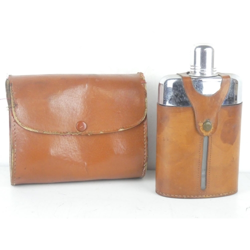 210 - A vintage leather cased hip flask and a vintage cased Greenkat 12 x 50 field glasses.