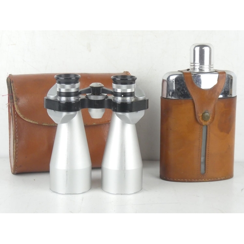 210 - A vintage leather cased hip flask and a vintage cased Greenkat 12 x 50 field glasses.