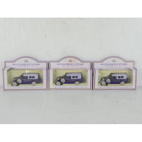 245 - Three boxed Lledo 90 Glorious Years commemorative cars 'To Mark the 90th Birthday of HM Queen Elizab... 