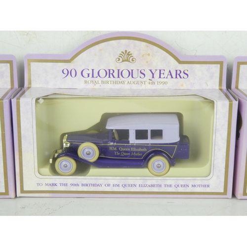 245 - Three boxed Lledo 90 Glorious Years commemorative cars 'To Mark the 90th Birthday of HM Queen Elizab... 