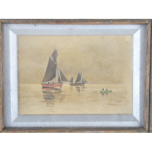 259 - A miniature framed painting of boats, unsigned, measuring including frame 19cm x 17cm.