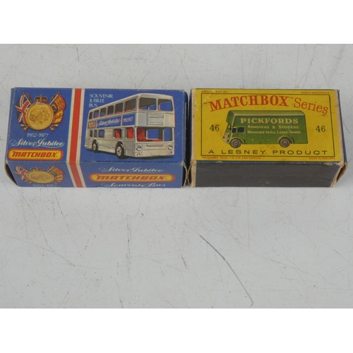 A vintage boxed Matchbox Series Pickfords van and a boxed Matchbox Silver Jubilee souvenir bus