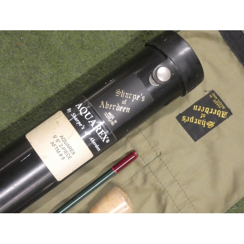 595 - A Sharpe's of Aberdeen 'Aquarex' 2 piece fishing rod, bag and shell case.