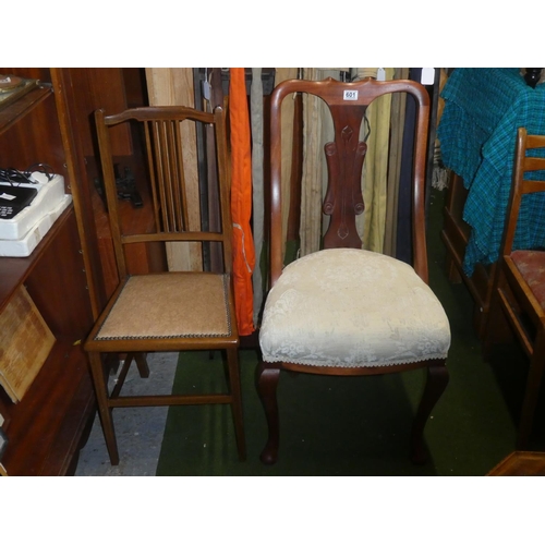 601 - A mahogany and inlay bedroom chair and another chair.