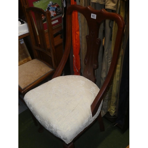 601 - A mahogany and inlay bedroom chair and another chair.