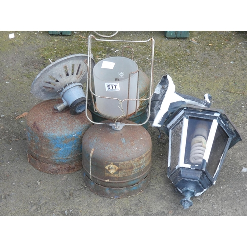 617 - A camping stove, three gas cannister and an outside wall light.