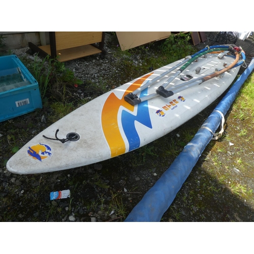 627 - A Star Panther wind surfing board and sail.