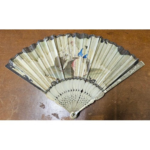 639 - A stunning early 18th Century hand fan, with beautiful hand painted leaf & carved bone segments.