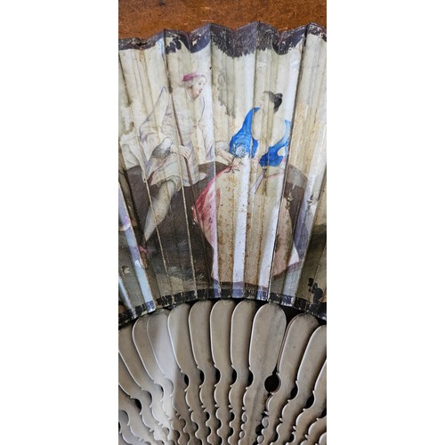 639 - A stunning early 18th Century hand fan, with beautiful hand painted leaf & carved bone segments.