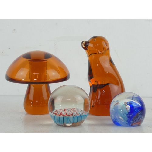 18 - Two Wedgwood glass paperweights in the style of a mushroom, dog and more.