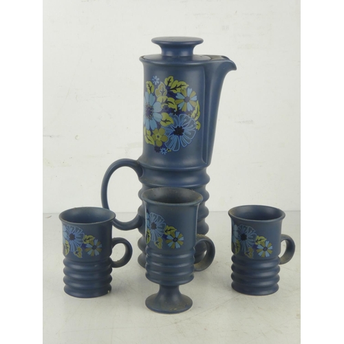 30 - A vintage Carlton Ware Blue Wellington coffee pot and three cups.