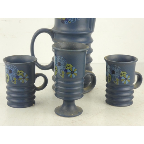 30 - A vintage Carlton Ware Blue Wellington coffee pot and three cups.