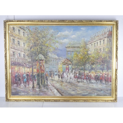 31 - A large gilt framed oil painting of a street scene signed Chevalier.