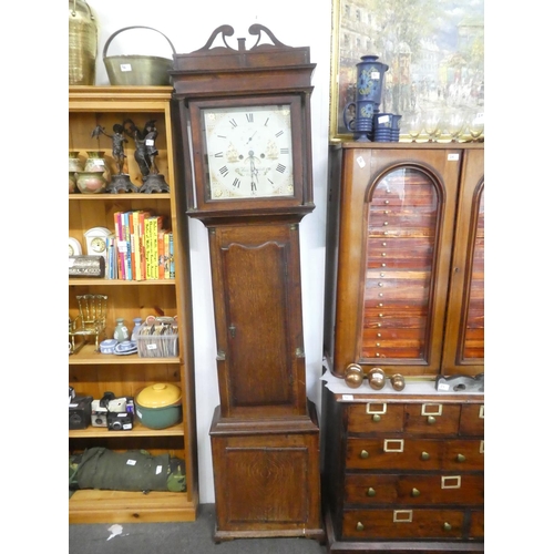 34 - An antique oak longcase clock 'Fran Campbell, Oswestry, with hand painted dial , in need of restorat... 