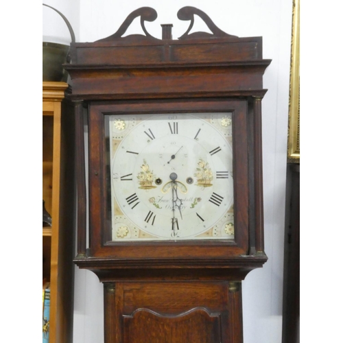 34 - An antique oak longcase clock 'Fran Campbell, Oswestry, with hand painted dial , in need of restorat... 