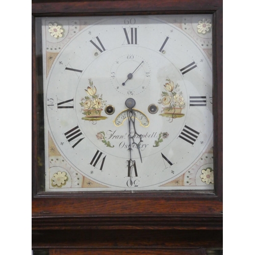 34 - An antique oak longcase clock 'Fran Campbell, Oswestry, with hand painted dial , in need of restorat... 