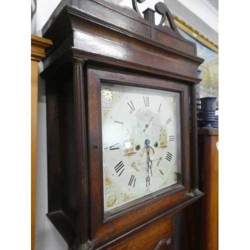 34 - An antique oak longcase clock 'Fran Campbell, Oswestry, with hand painted dial , in need of restorat... 