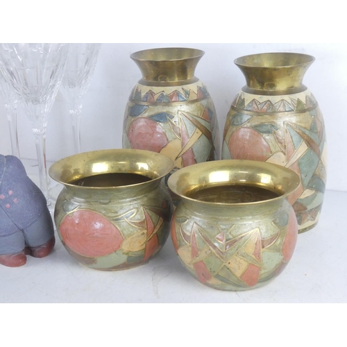 55 - Two pairs of decorative Indian brass vases, a set of four wine glasses, a pair of ADL limited editio... 