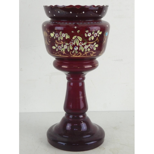 63 - An antique ruby glass pedestal planter with hand painted detail.