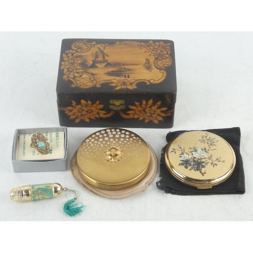 7 - A vintage pokerwork style jewellery box of a Dutch scene, a vintage Stratton and Yardley powder puff... 