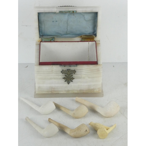 73 - A marble jewellery box & collection of antique pipes (a/f).