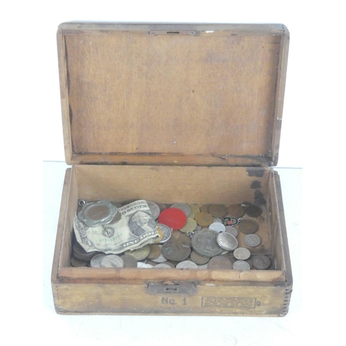 118 - A vintage wooden box containing lot of assorted coinage and more.