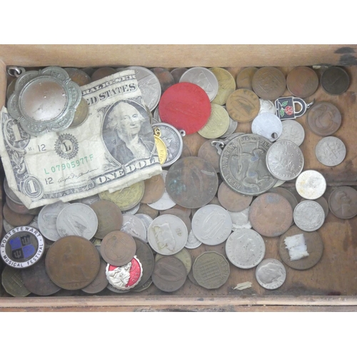 118 - A vintage wooden box containing lot of assorted coinage and more.