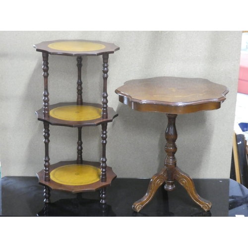 154 - A vintage three tier stand with leather inset and an occasional lamp table with decorative detail.