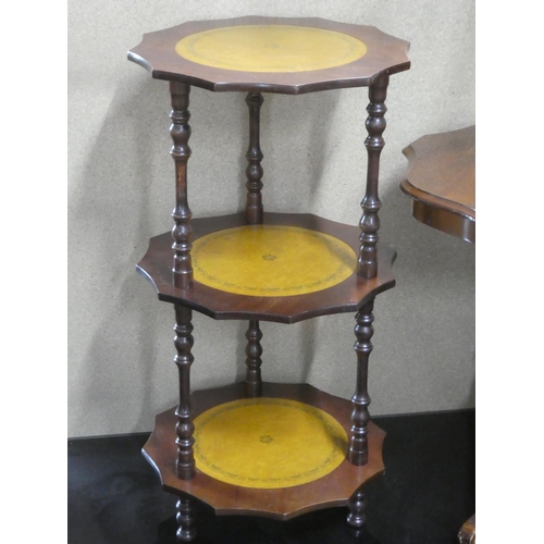 154 - A vintage three tier stand with leather inset and an occasional lamp table with decorative detail.