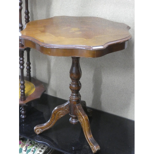 154 - A vintage three tier stand with leather inset and an occasional lamp table with decorative detail.