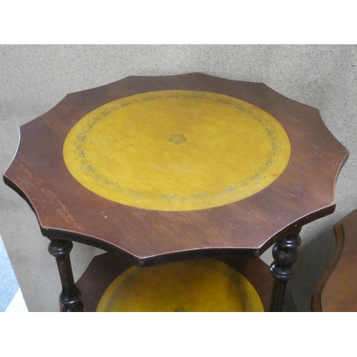 154 - A vintage three tier stand with leather inset and an occasional lamp table with decorative detail.