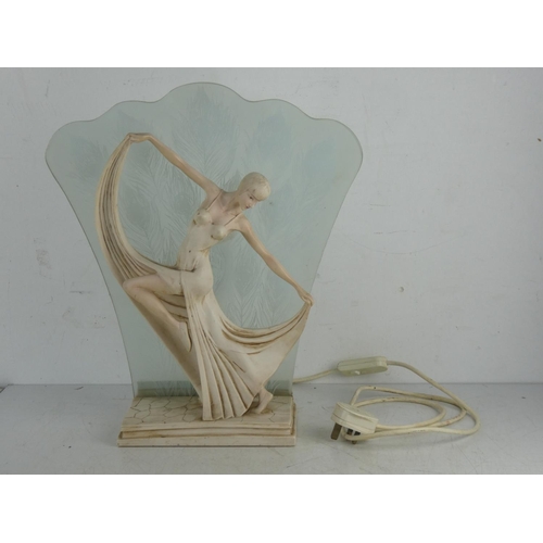 158 - A stunning Art Deco style figurine table lamp and glass panel.