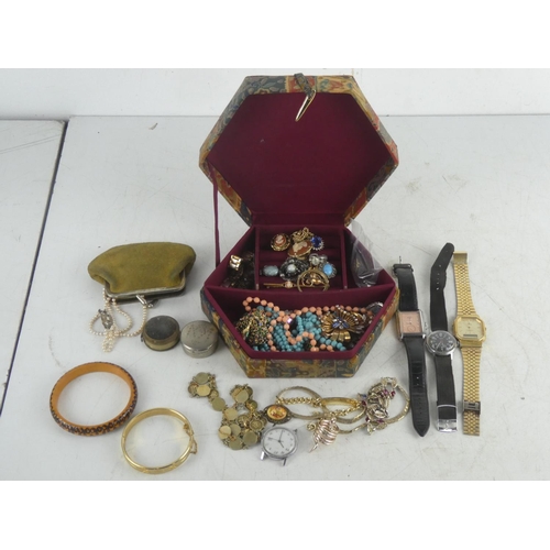 226 - A vintage jewellery box to include bangles, watches, brooches etc.